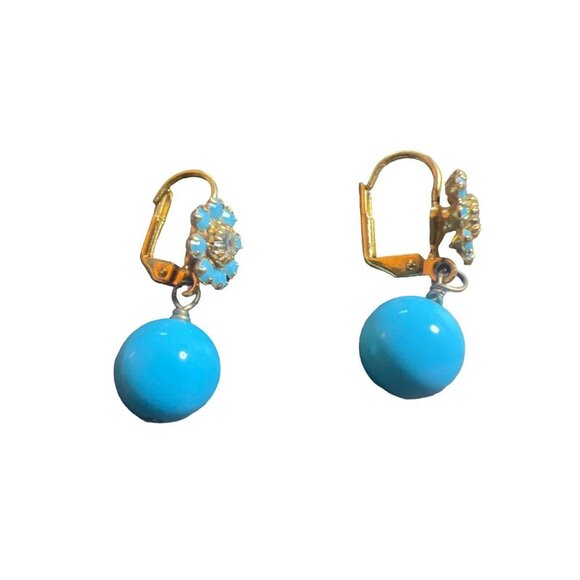 Turquoise Pierced Dangle Earrings Rhinestones Prong Set Gold Delicate - Picture 2 of 3